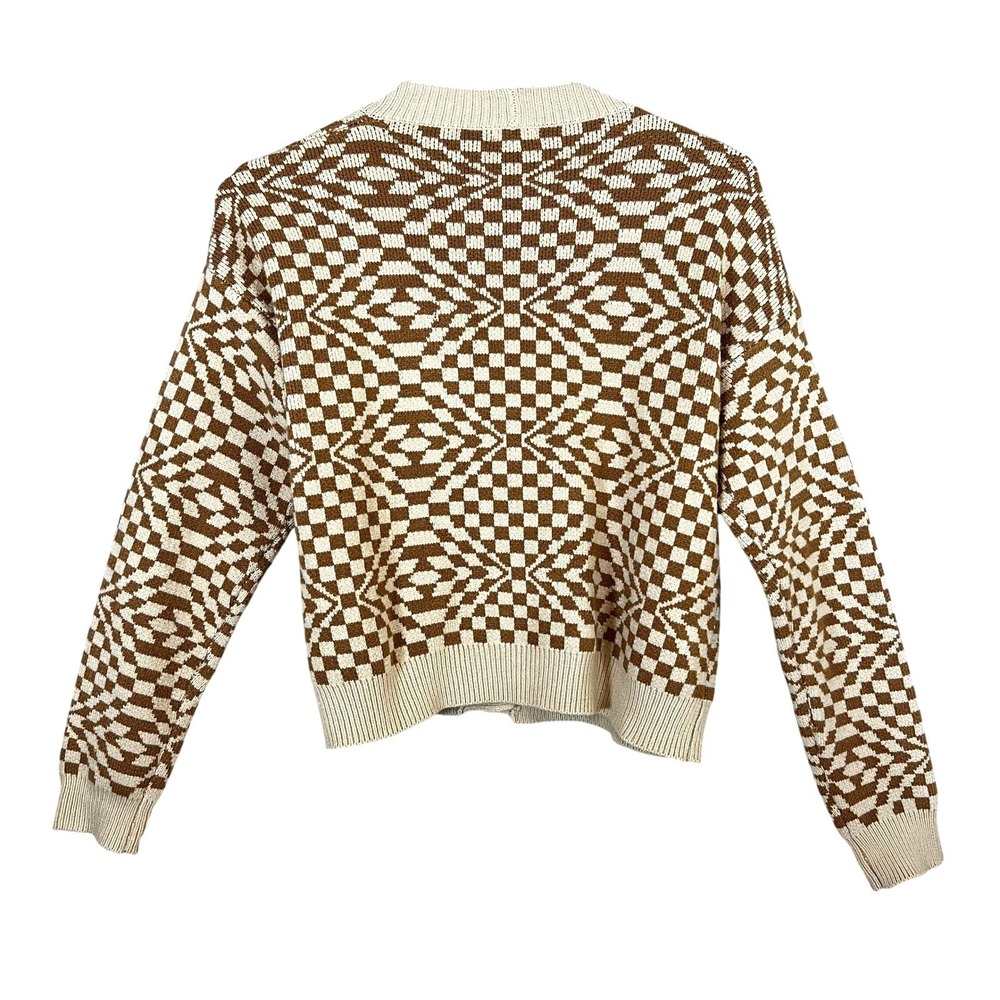 Brown Cream Checkered Knit Cardigan Vintage Grandpa Core XS - Picture 2 of 5